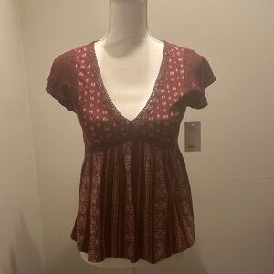 SO Burgundy V-Neck Boho Tunic Top